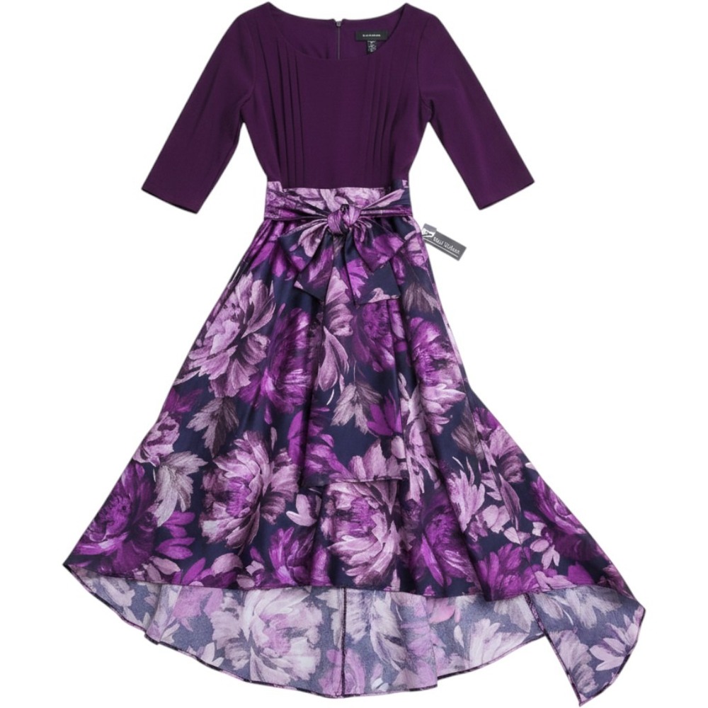 NWT R&M Richards Gown Women 10 Eggplant NEW Floral High-Low Tie-Waist Dress